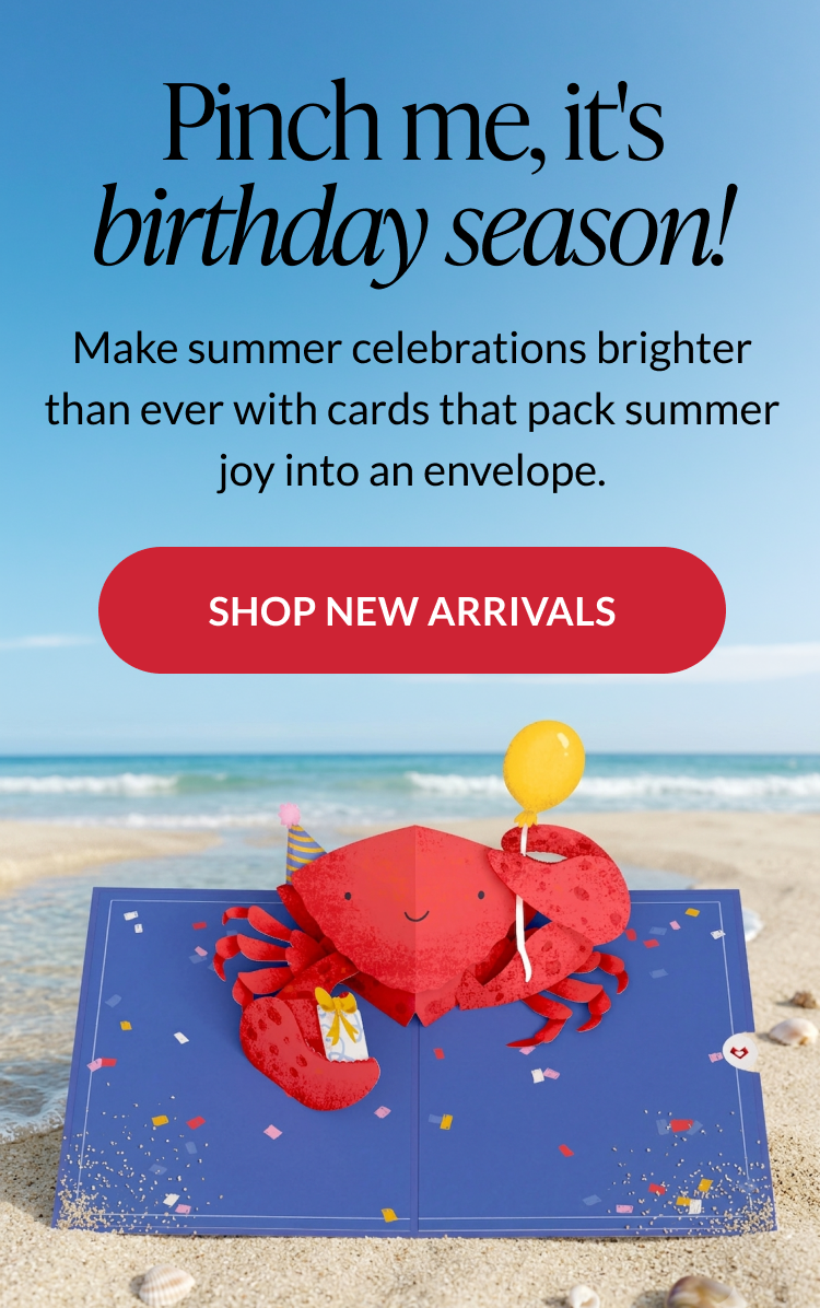 New summer birthday cards featuring crab, mermaid, alligator, possum, pickle, robot and birthday cake designs.