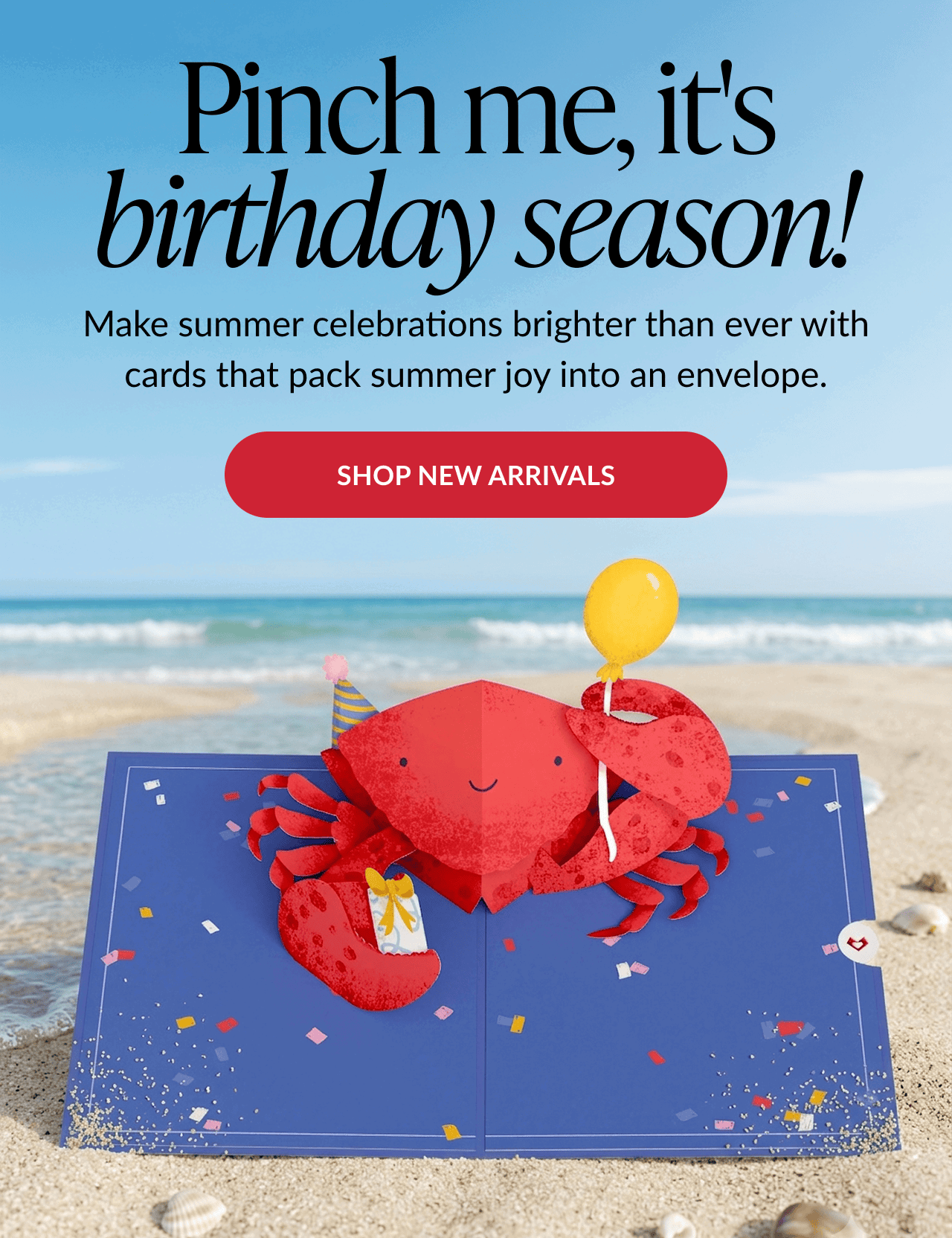 New summer birthday cards featuring crab, mermaid, alligator, possum, pickle, robot and birthday cake designs.