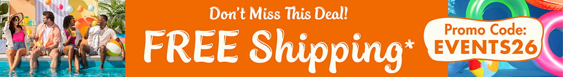 FREE shipping*. Promo Code: EVENTS26. **Up to $50; actual shipping calculated at checkout. Restrictions apply see website for details. Ends 06/12/26 with party themed imagery