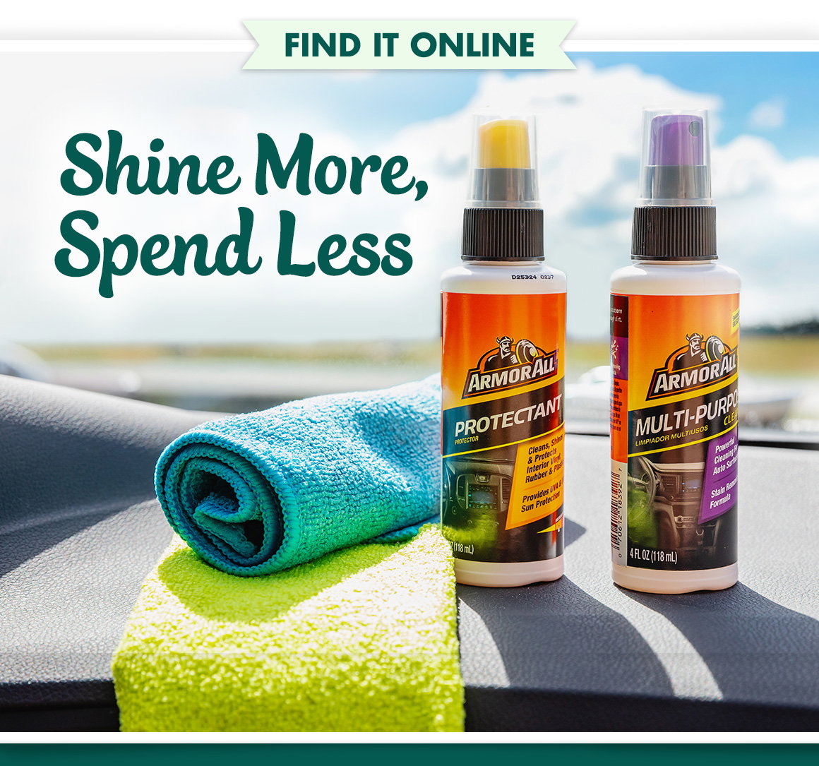 Shine More, Spend Less and an images of auto cleaner sprays and microfiber buffing cloths on a car dashboard