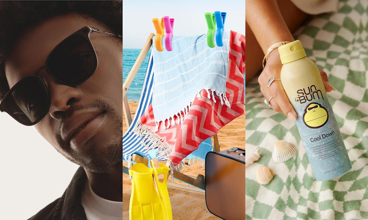 sunglasses, towel clips, aloe spray