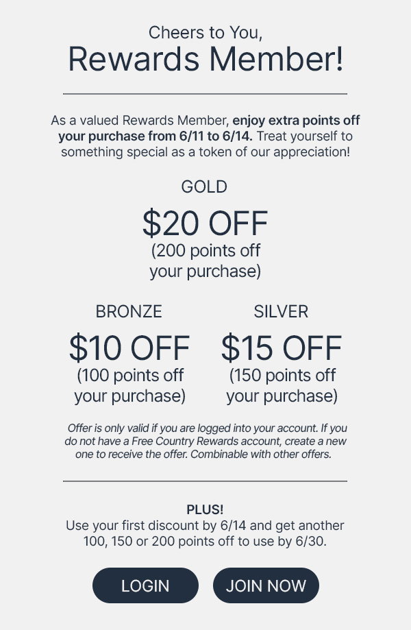 rewards members receive $10, $15 or $20 off