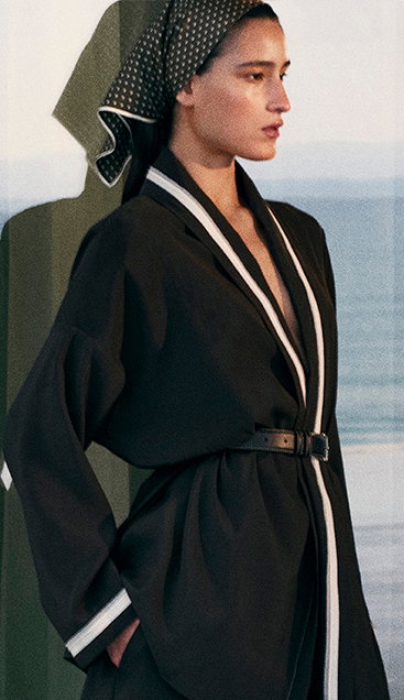 Contrast-Piped Belted Wrap Top, £85