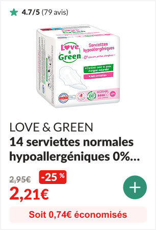 -25% sur les 14 Serviettes normales hypoallergéniques 0% ultra, avec ailette - LOVE & GREEN
