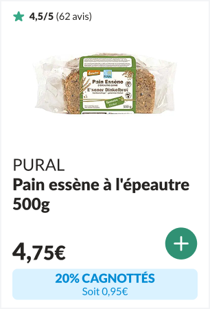 20% cagnottés sur le Pain essène à l'épeautre bio 500g - PURAL