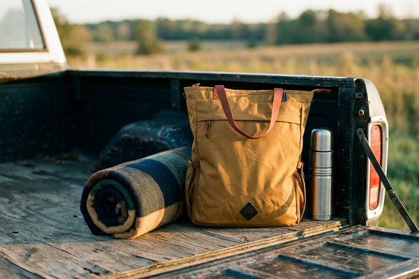 A United by Blue recycled carryall bag in a pickup truck bed with a wool blanket and thermos at golden hour