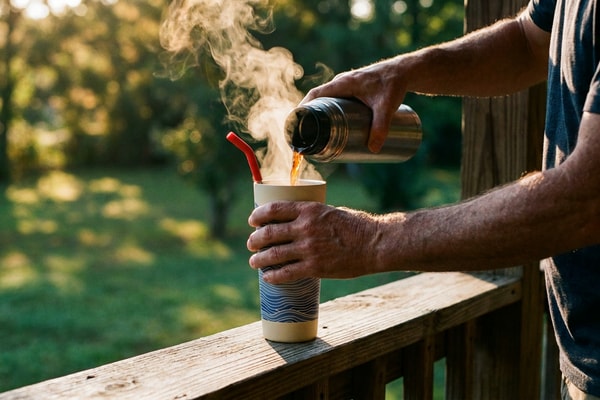 A father pouring coffee into an insulated United by Blue tumbler on a porch rail at golden hour
