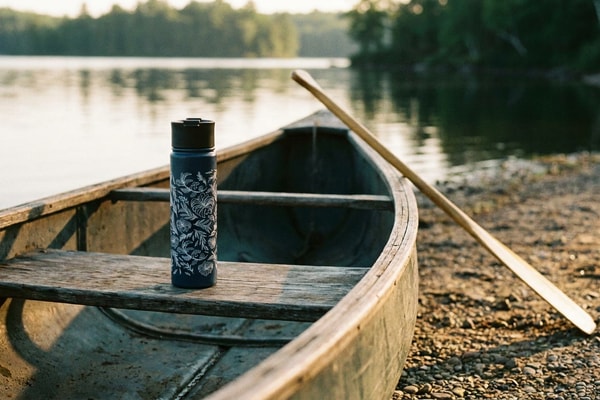 A navy insulated United by Blue bottle resting on a canoe seat on a calm lake shore at morning