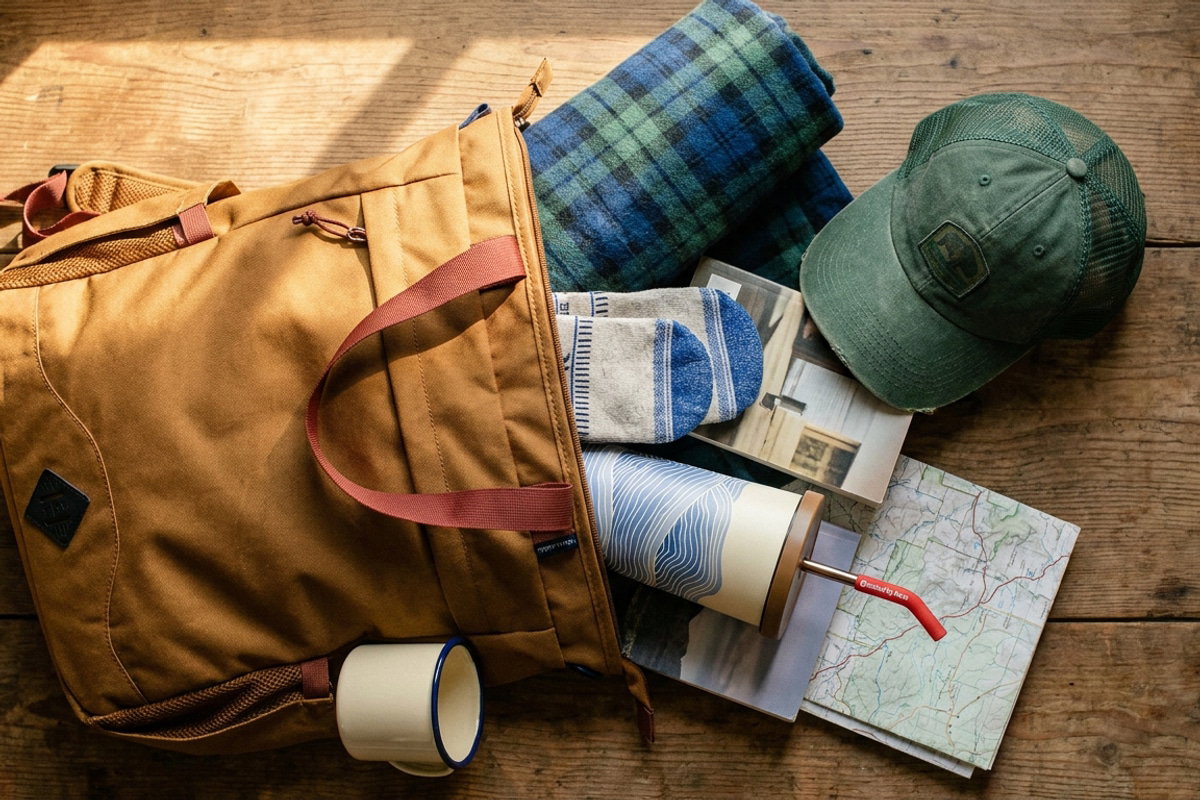 A United by Blue carryall packed with Father's Day gifts — rolled flannel, bison socks, insulated tumbler, trucker hat and a trail map on weathered wood