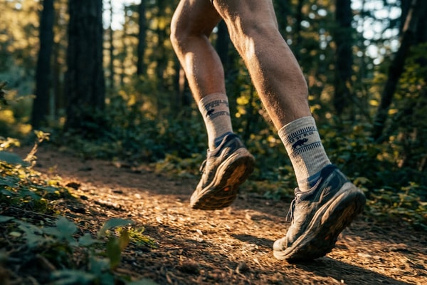 A father jogging up a sunlit forest trail wearing United by Blue bison-fiber socks