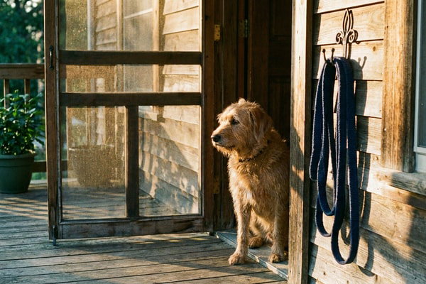 A dog waiting by a screen door with a navy woven United by Blue leash hanging on a hook