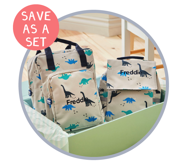 Personalised Grey Dinosaur Backpack & Lunch Bag Set