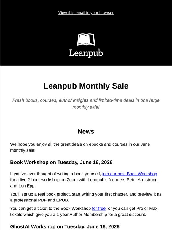 Get great deals on ebooks in the Leanpub Monthly Sale + sign up for amazing author workshops!