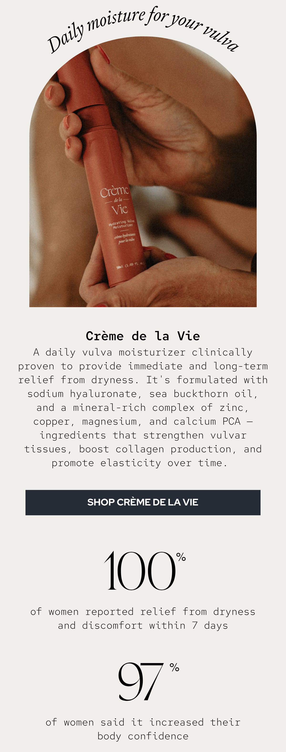 A daily vulva moisturizer clinically proven to provide immediate and long-term relief from dryness. It's formulated with sodium hyaluronate, sea buckthorn oil, and a mineral-rich complex of zinc, copper, magnesium, and calcium PCA — ingredients that strengthen vulvar tissues, boost collagen production, and promote elasticity over time. 