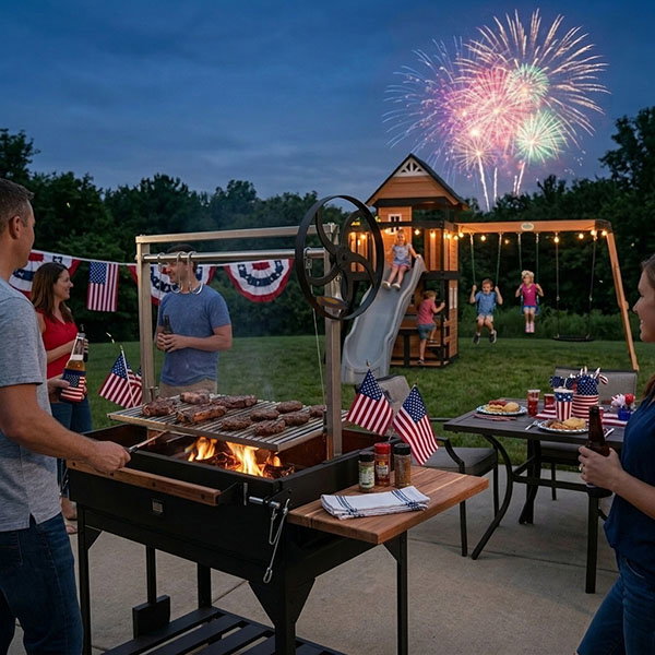 Backyard Fourth of July celebration with family grilling a meal, children on a swing set, and fireworks overhead.