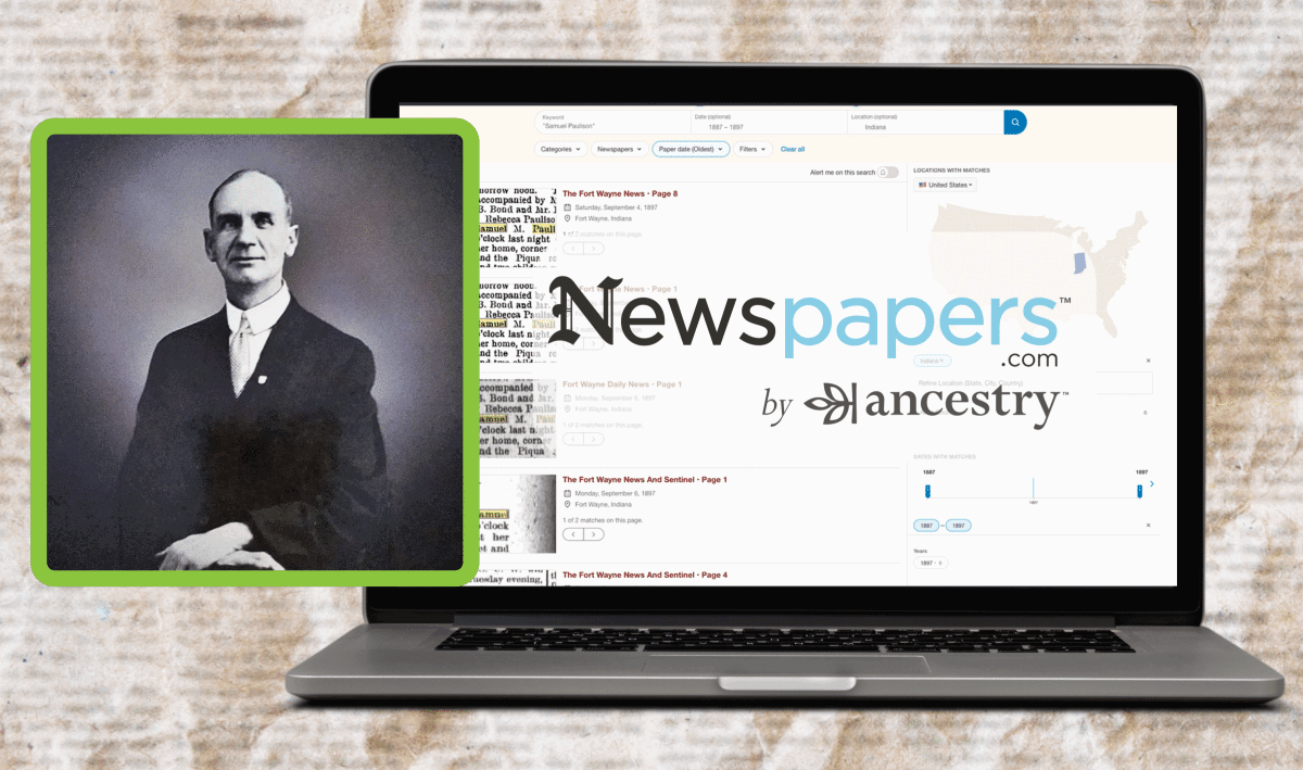 A black-and-white portrait of a man is shown beside a laptop displaying the Newspapers.com website by Ancestry, illustrating how to use Newspapers.com for research.