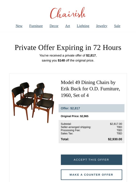 You have a private offer from a seller on Model 49 Dining Chairs by Erik Buck for O.D. Furniture, 1960, Set of 4