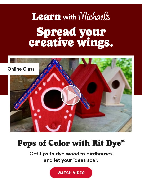 Learn with Michaels Spread your creative wings. Online Class Pops of Color with Rit Dye® Get tips to dye wooden birdhouses and let your ideas soar. Watch Video