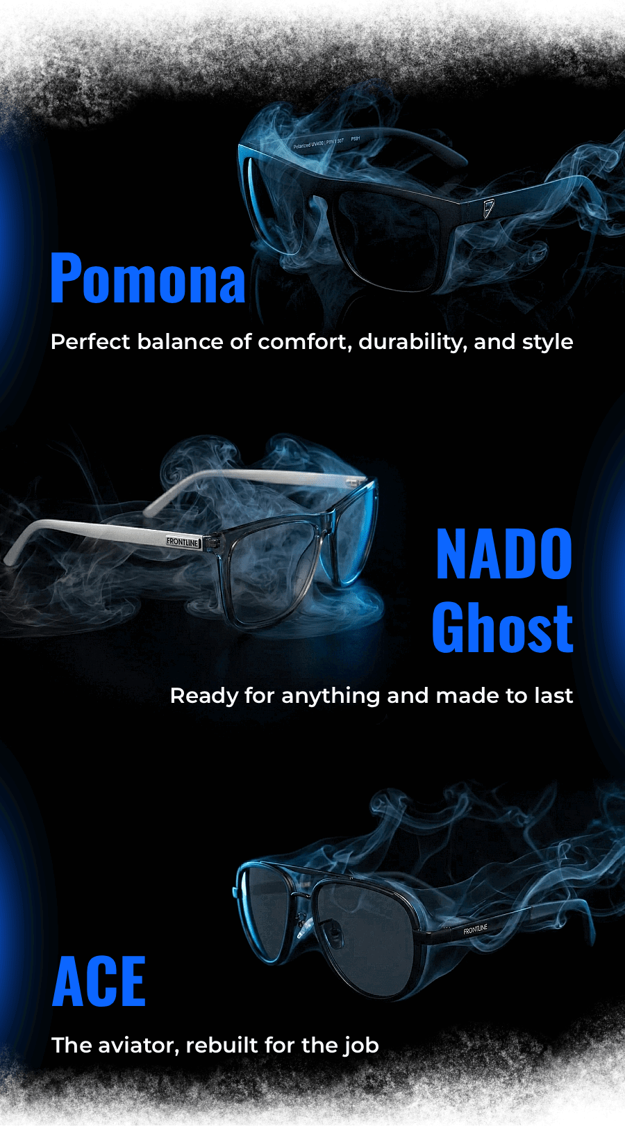 Pomona: Perfect balance of comfort, durability, and style | Nado Ghost: Ready for anything and made to last | Ace: The aviator, rebuilt for the job