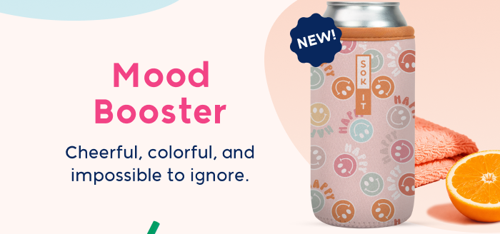 Pastel geometric can cooler with playful retro pattern.