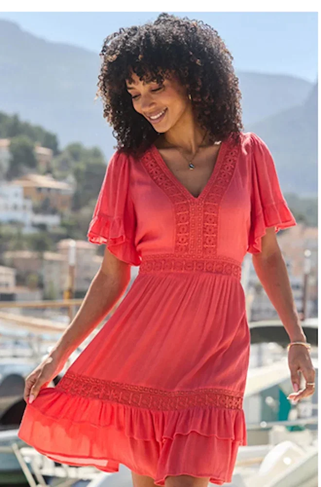 Coral Lace Detail Fit & Flare Tiered Hem Summer Dress