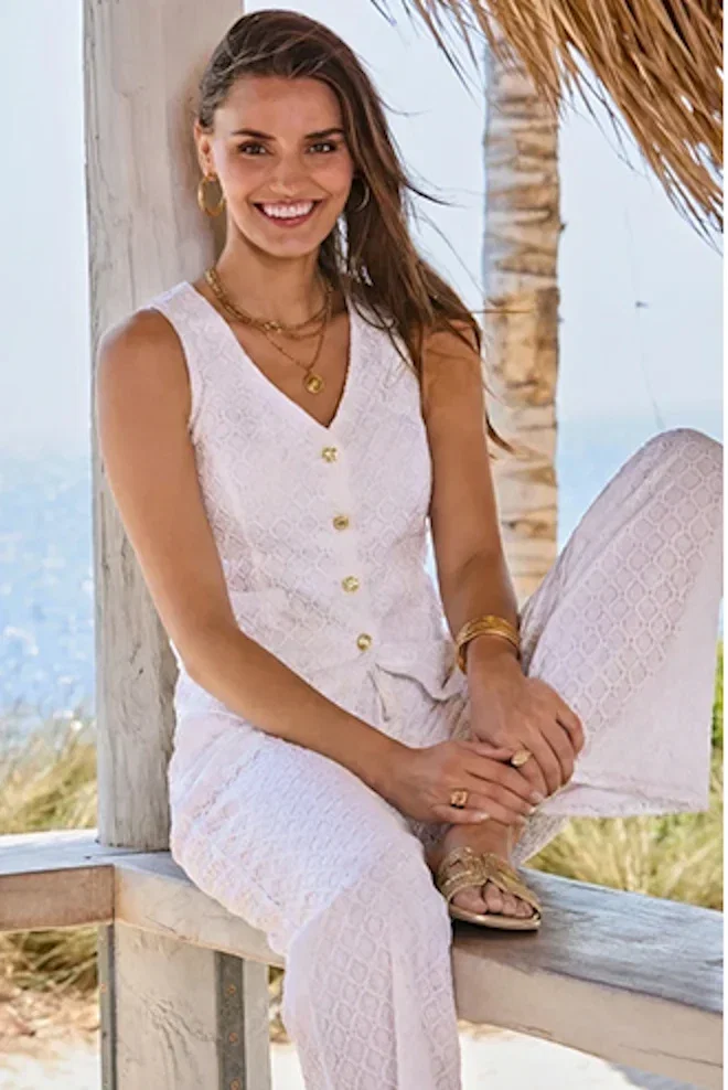 Ivory Lace Crochet Lace Button Front Waistcoat