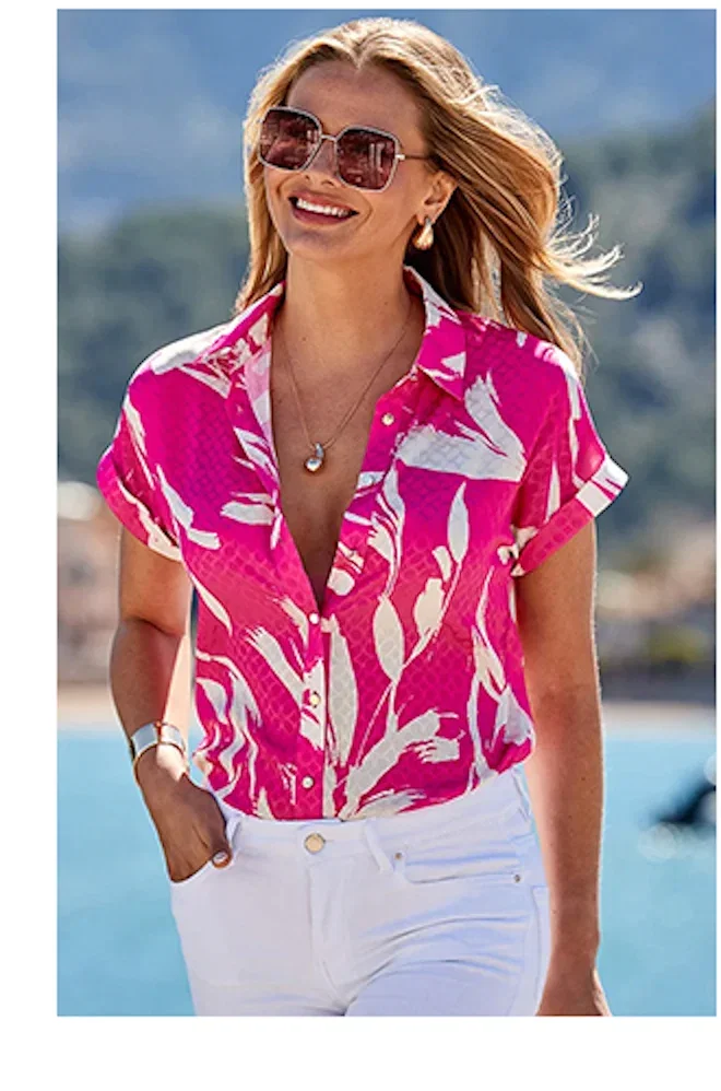 Hot Pink Floral Print Jacquard Shirt