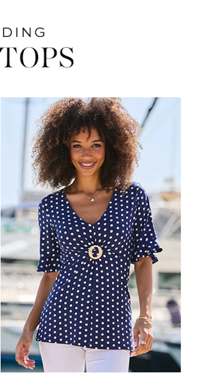 Navy Blue & White Polka Dot Print Ring Detail Top