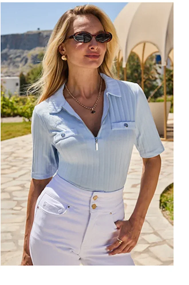 Soft Blue Short Sleeve Zip Front Top With Gold Buttons