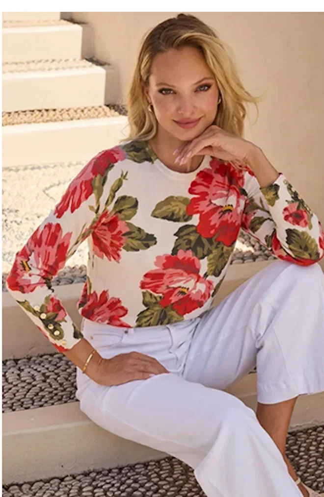 Cream & Pink Floral Print Jumper With Gold Buttons
