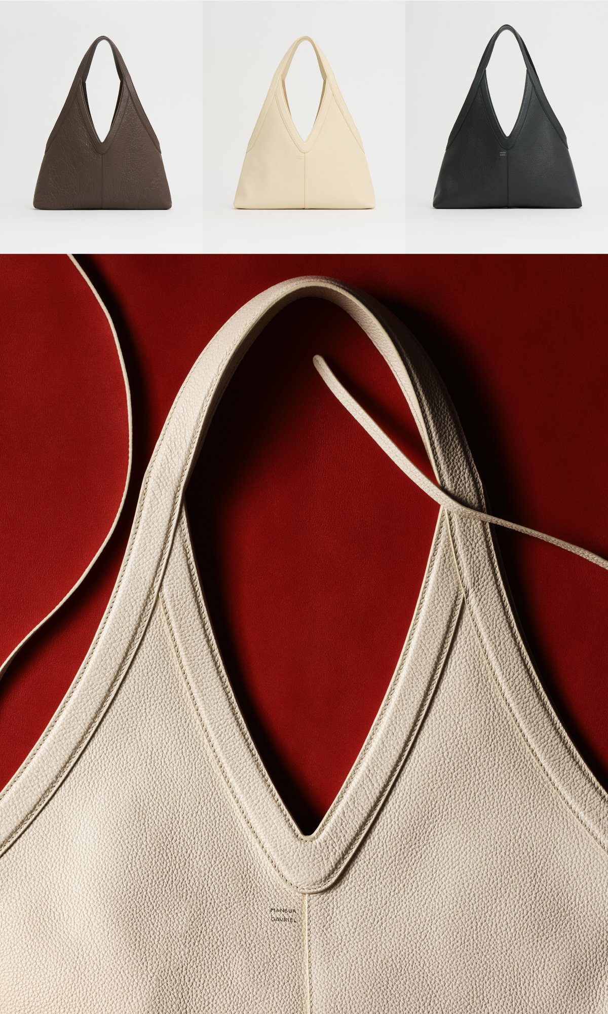  A defined V opening, elongated handles, and a carryall interior that drapes perfectly on the shoulder. 