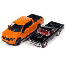 1967 Chevy El Camino SS Custom & 2020 Ford F-150 PICKUPS 2Pack B - Black & Orange 1:64 Scale Diecast Model Truck by Auto World