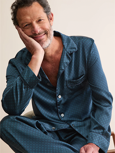 Men's Silk Pyjamas in Blue & Teal London Geo Cross