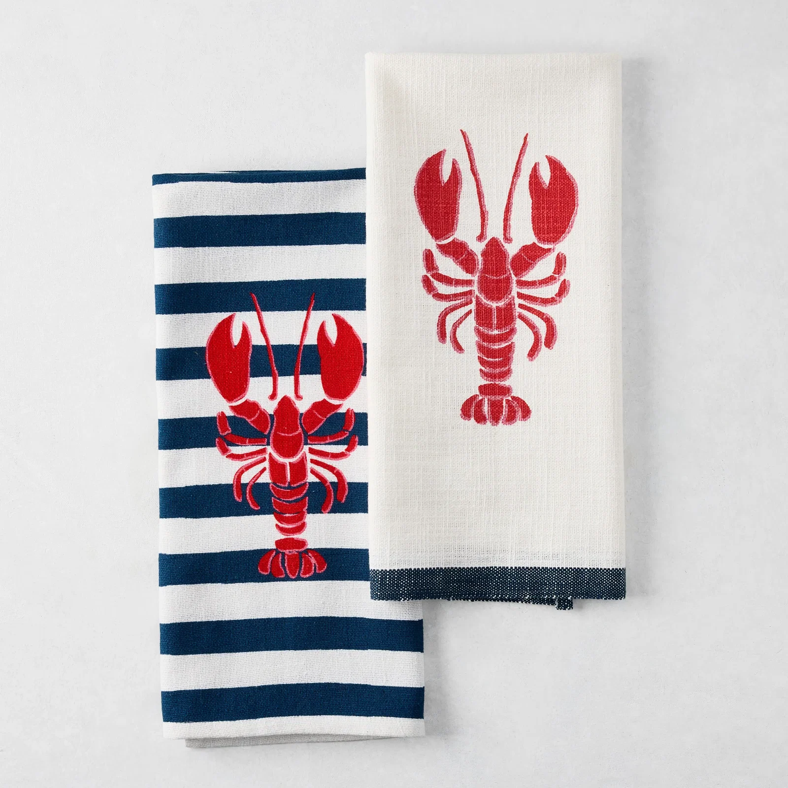 Image of Navy Stripe and Border Red Lobster Hand Towels, Set of 2