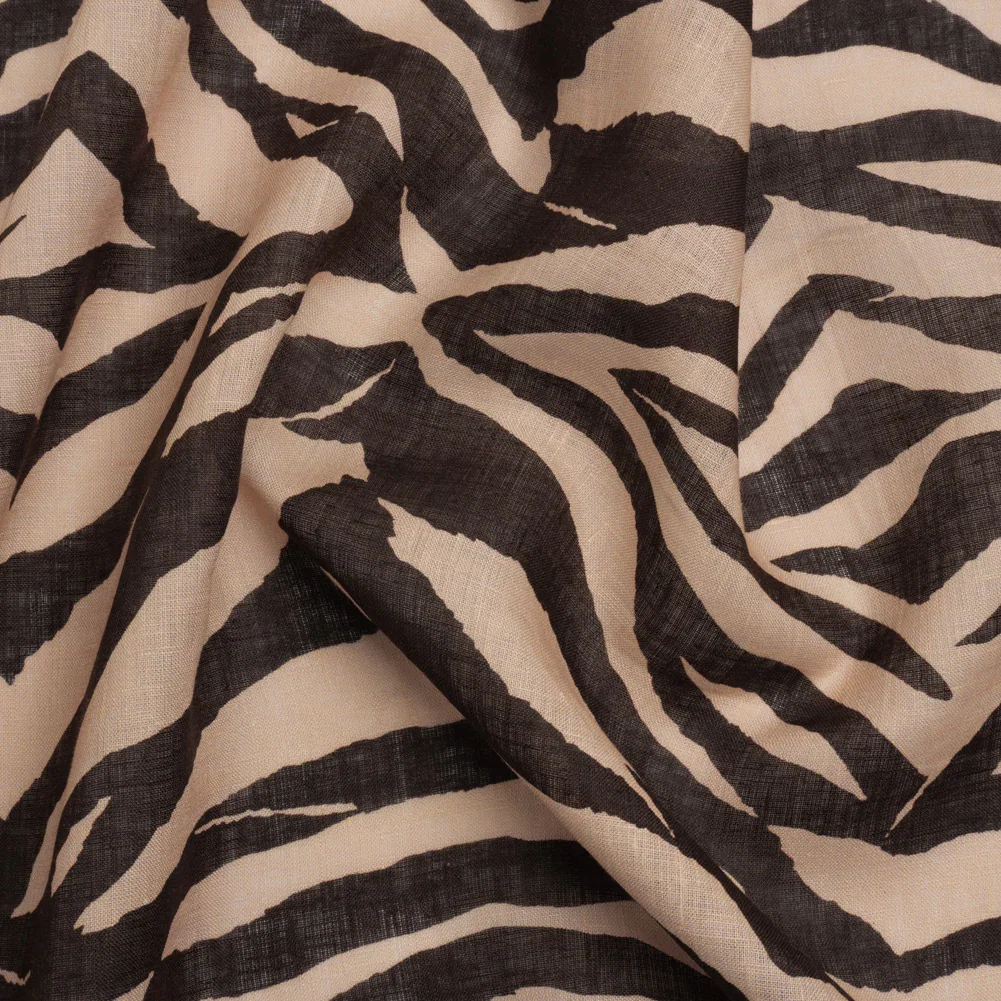 Image of Famous Australian Designer Beige and Brown Zebra Stripes Lightweight Linen Woven