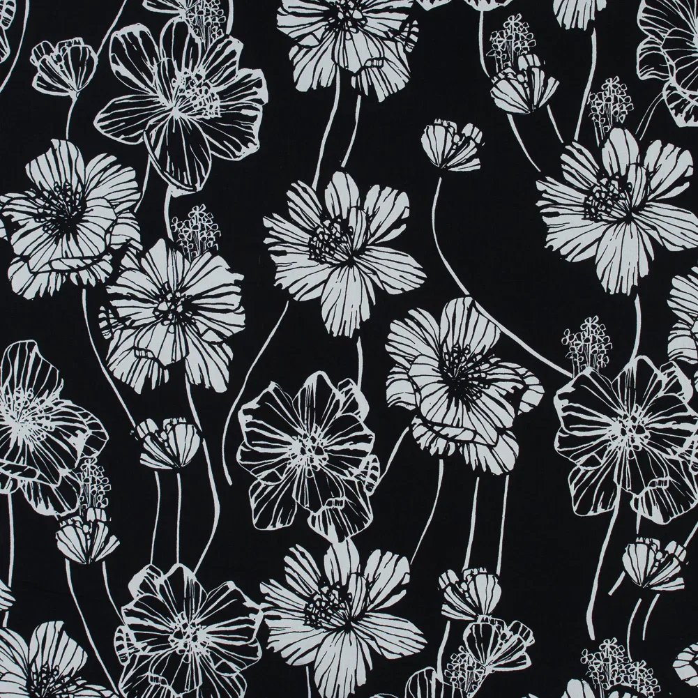Image of Black and White Large Floral Stretch Cotton Poplin