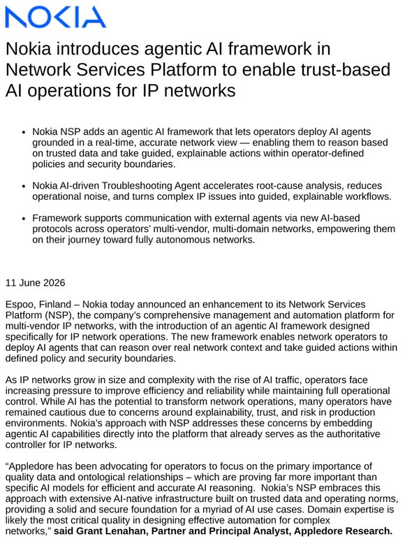 Nokia introduces agentic AI framework in Network Services Platform to enable trust-based AI operations for IP networks