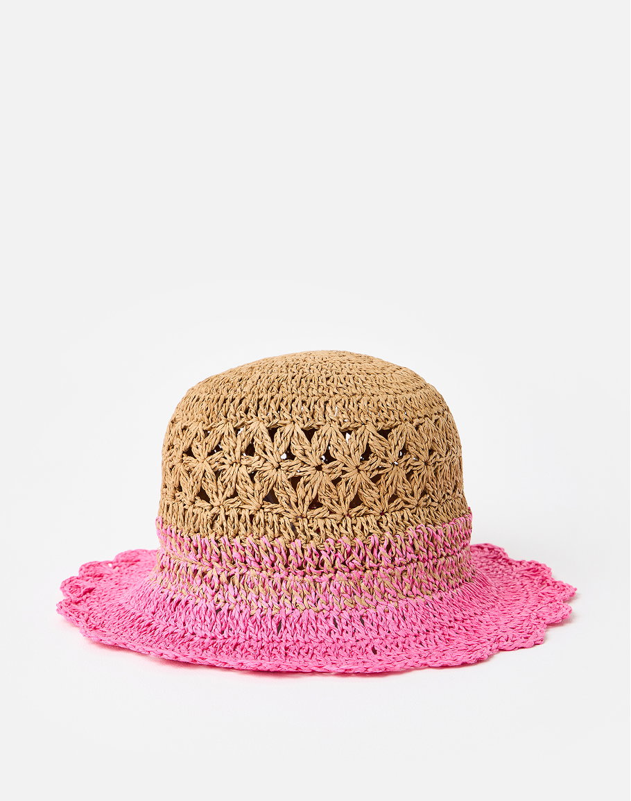 Natural & Pink Ombre Scalloped Edge Straw Bucket Hat