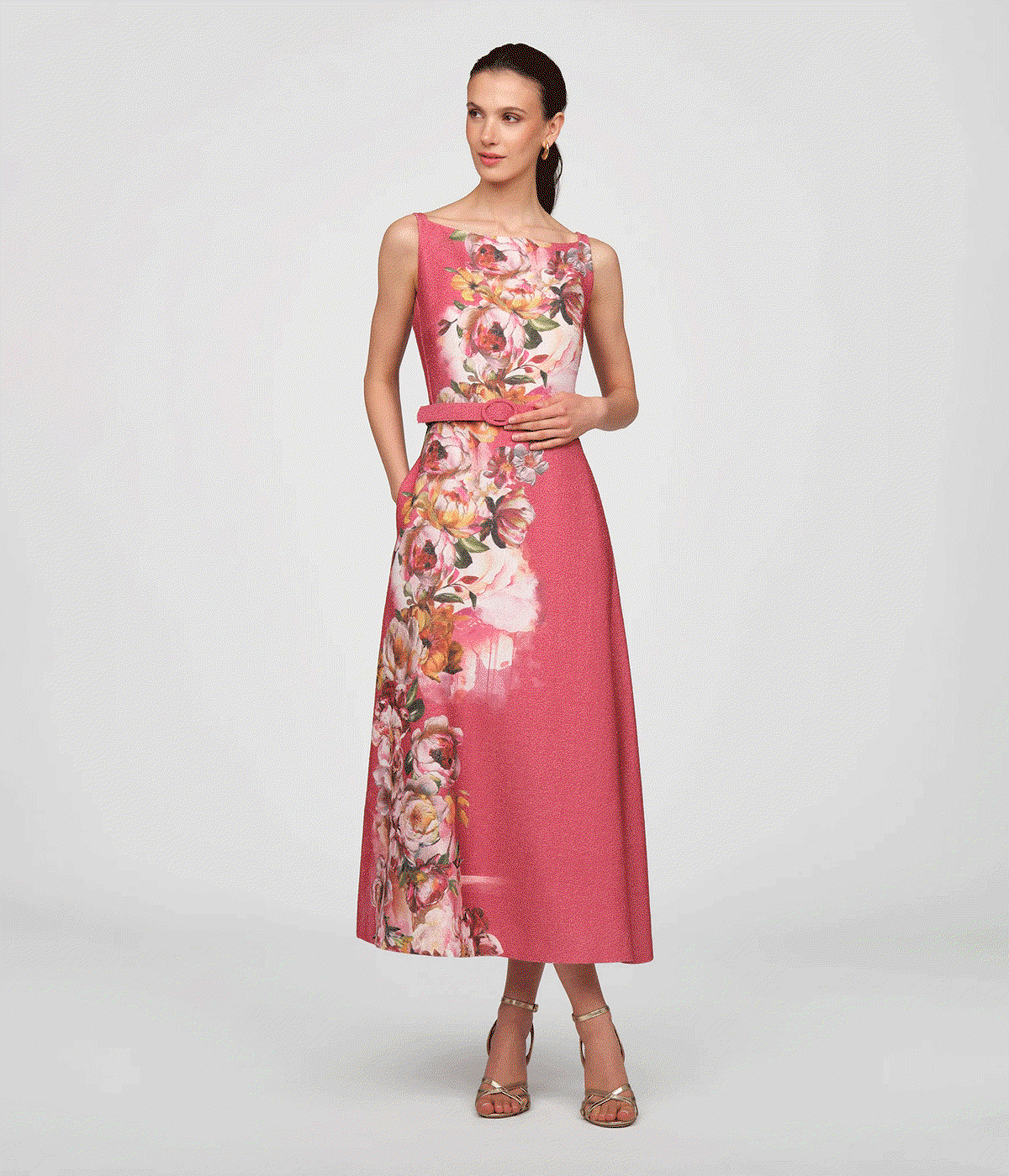 The Slyvie leads this one — a boucle tea length in antique rose with a floral border print that feels custom-made for a June afternoon.