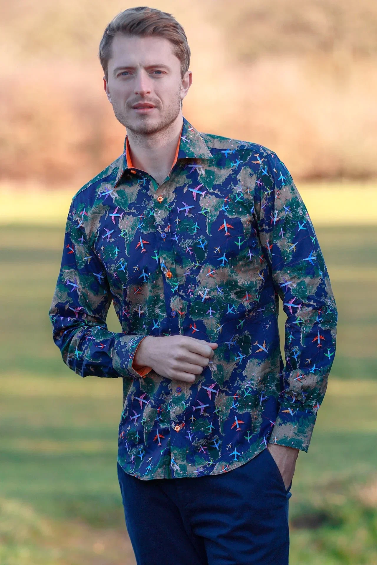 Image of FLIGHT MAP SATIN COTTON PRINTED SHIRT
