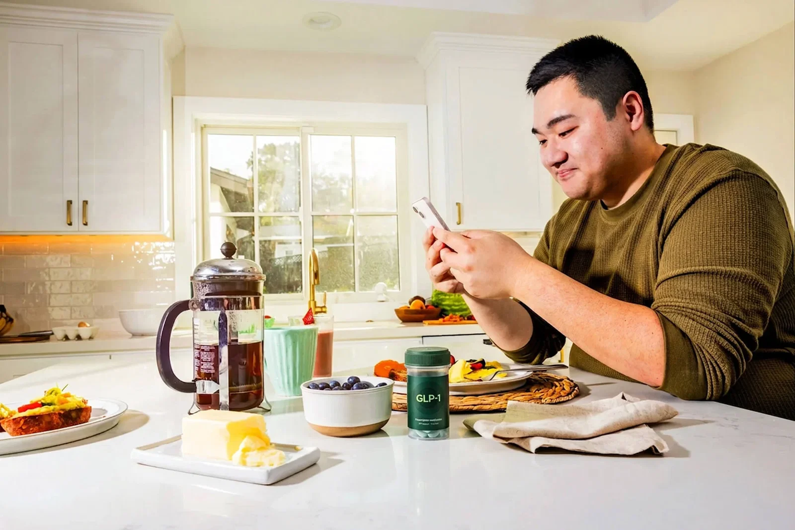 Man sitting at kitchen table with bottle of GLP-1 medication