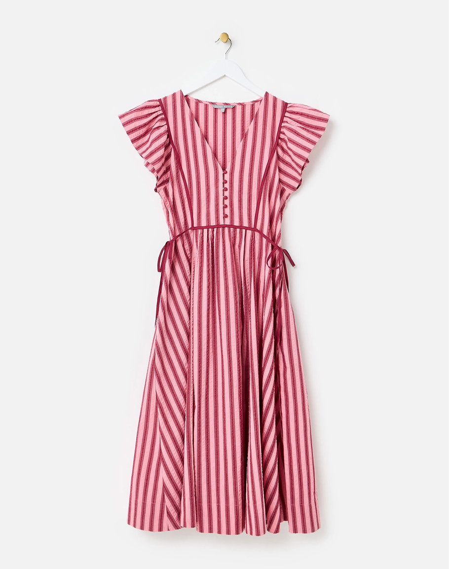 Burgundy & Pink Striped Tie Waist Midi Dress