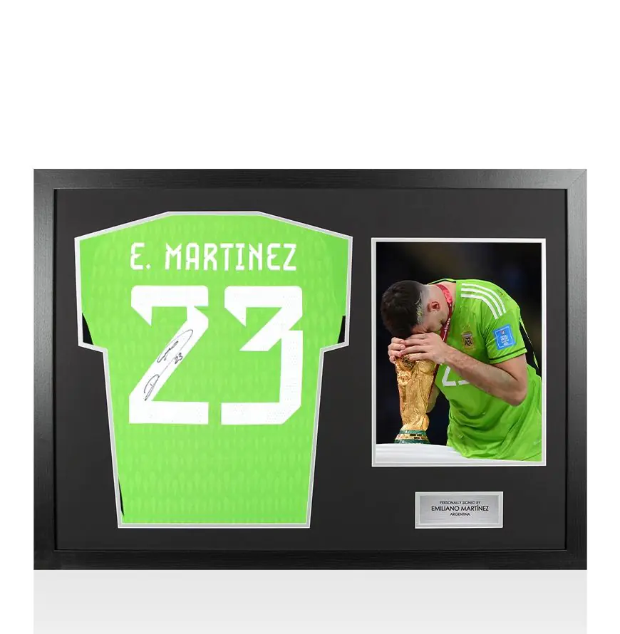 Framed Emiliano Martinez Signed Argentina Goalkeeper Shirt: 2022-23 - Panoramic