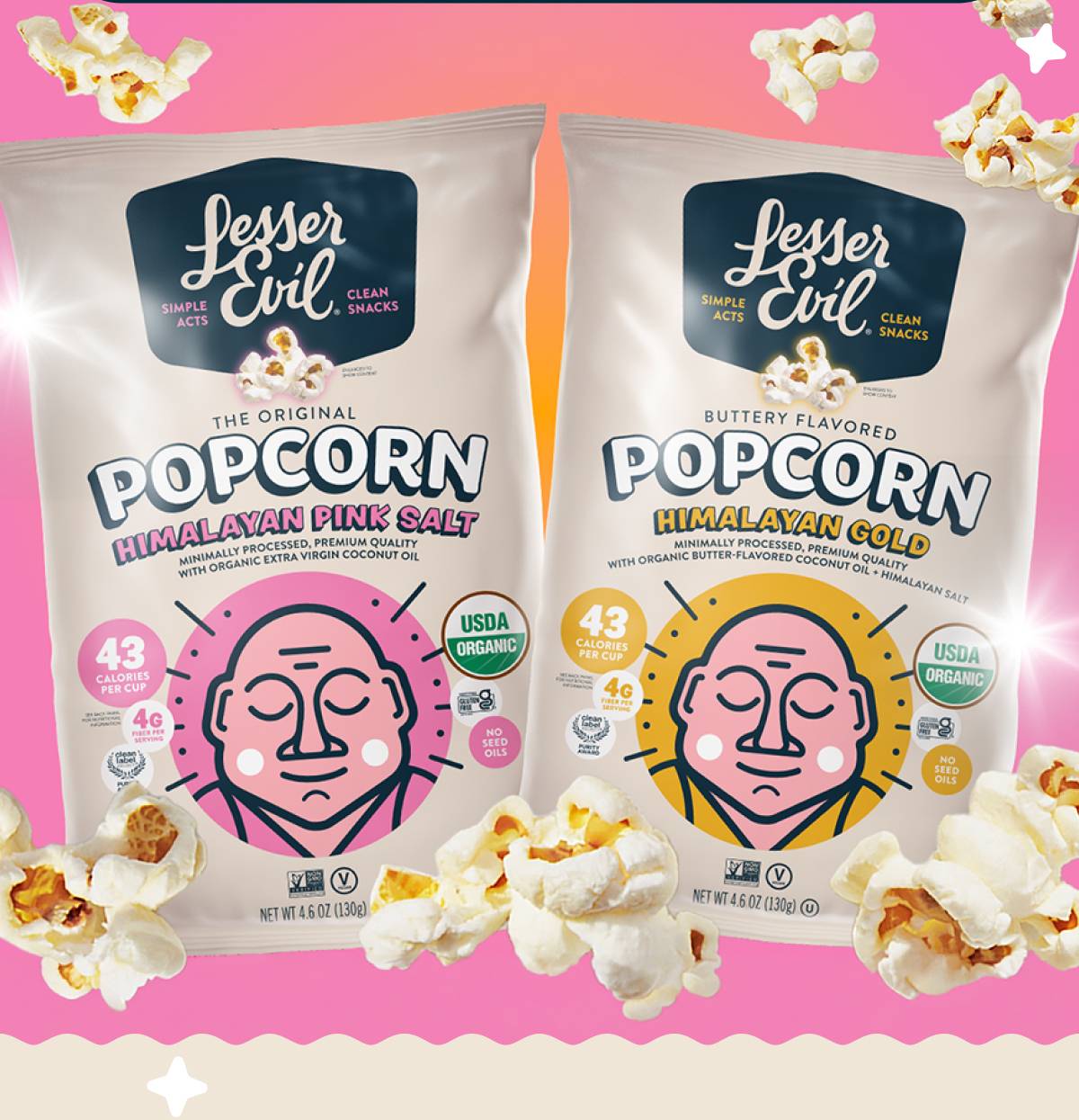 Lesser Evil Himalayan Pink Salt and Himalayan Gold 4.6 oz (130g) Popcorn Bags