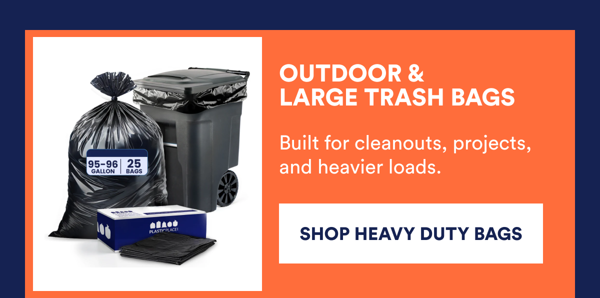 Outdoor and large trash bags with a garbage can, designed for cleanouts and heavy loads.