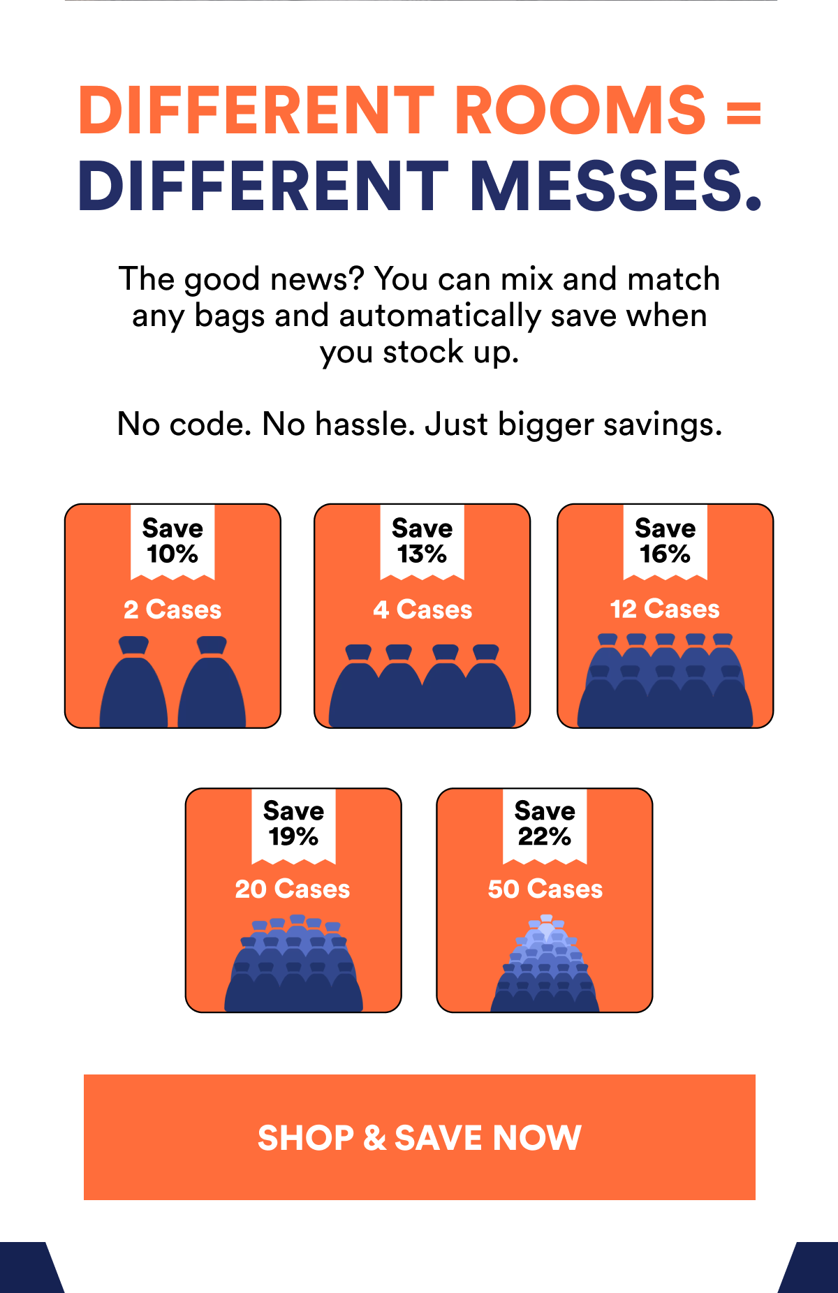 Different rooms = different messes. Mix and match bags for savings. No code needed.