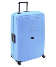 Light blue hard shell suitcase with telescopic handle and four wheels, shown upright on a plain background, featuring a clean, minimalist travel design.				