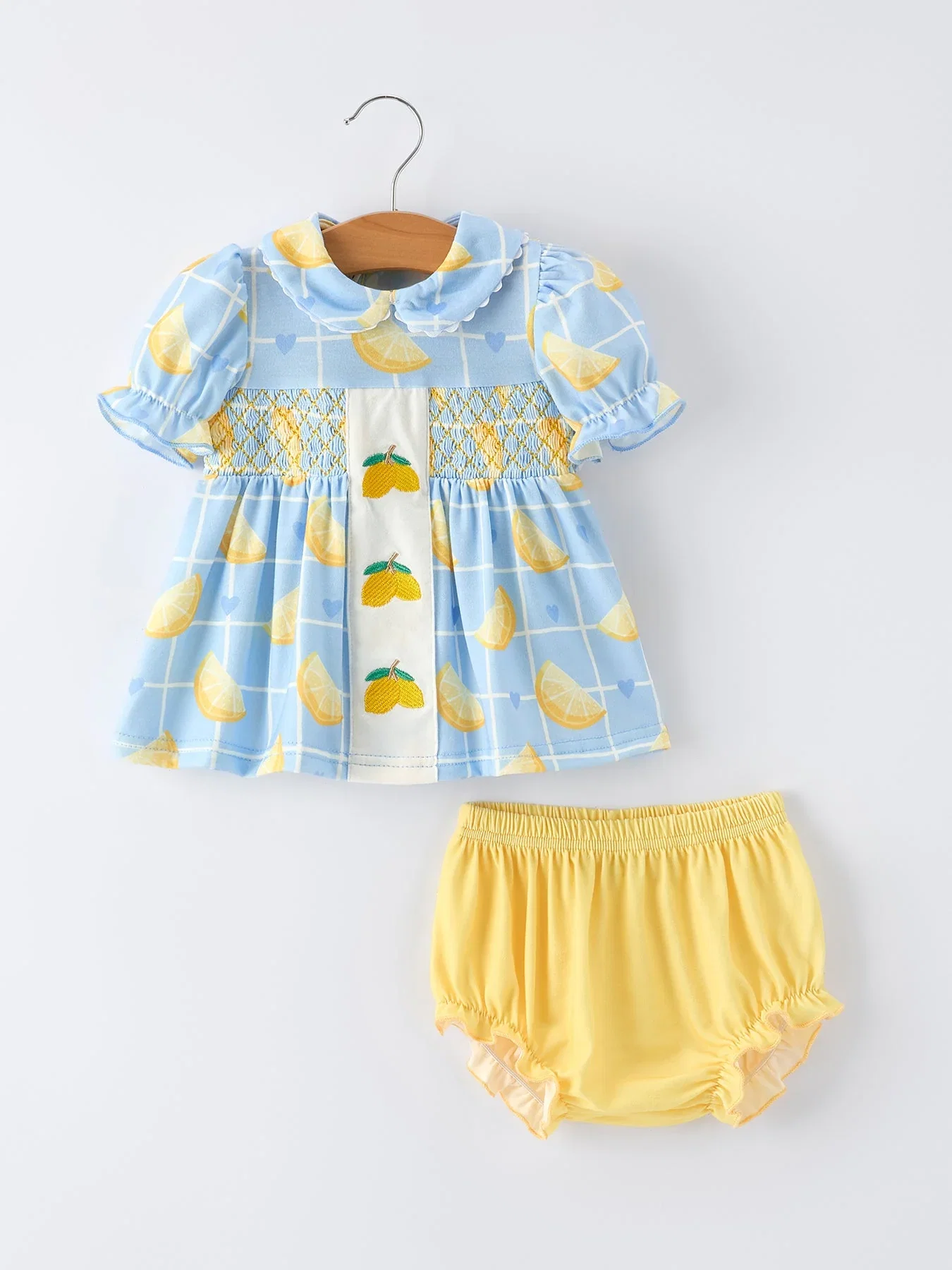 Image of Summer Lemon Print Girls Puff Sleeve Bloomer Set