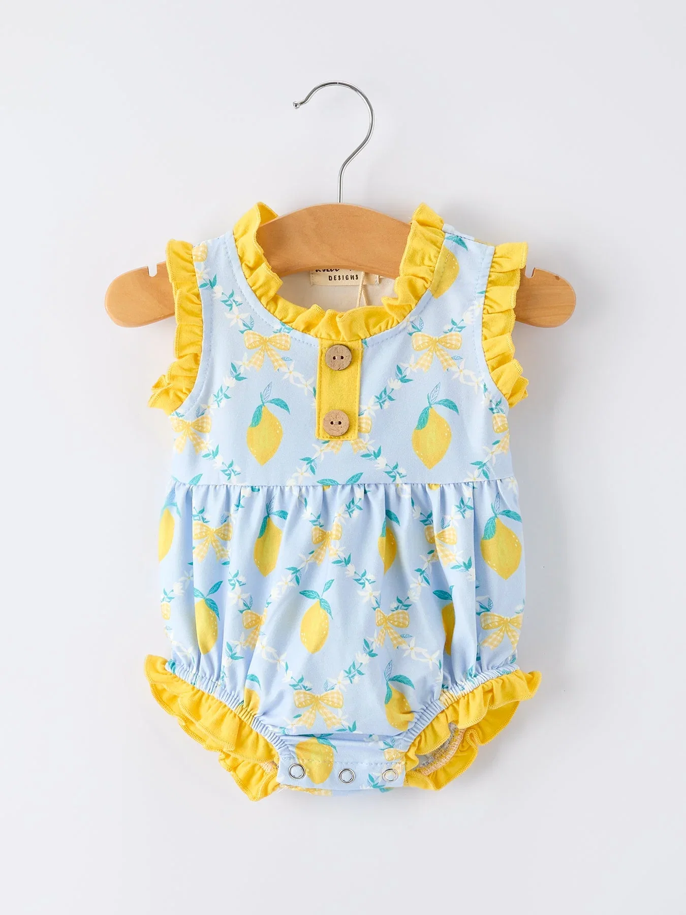 Image of Summer Lemon Floral Print Girl Sleeveless Ruffle Romper
