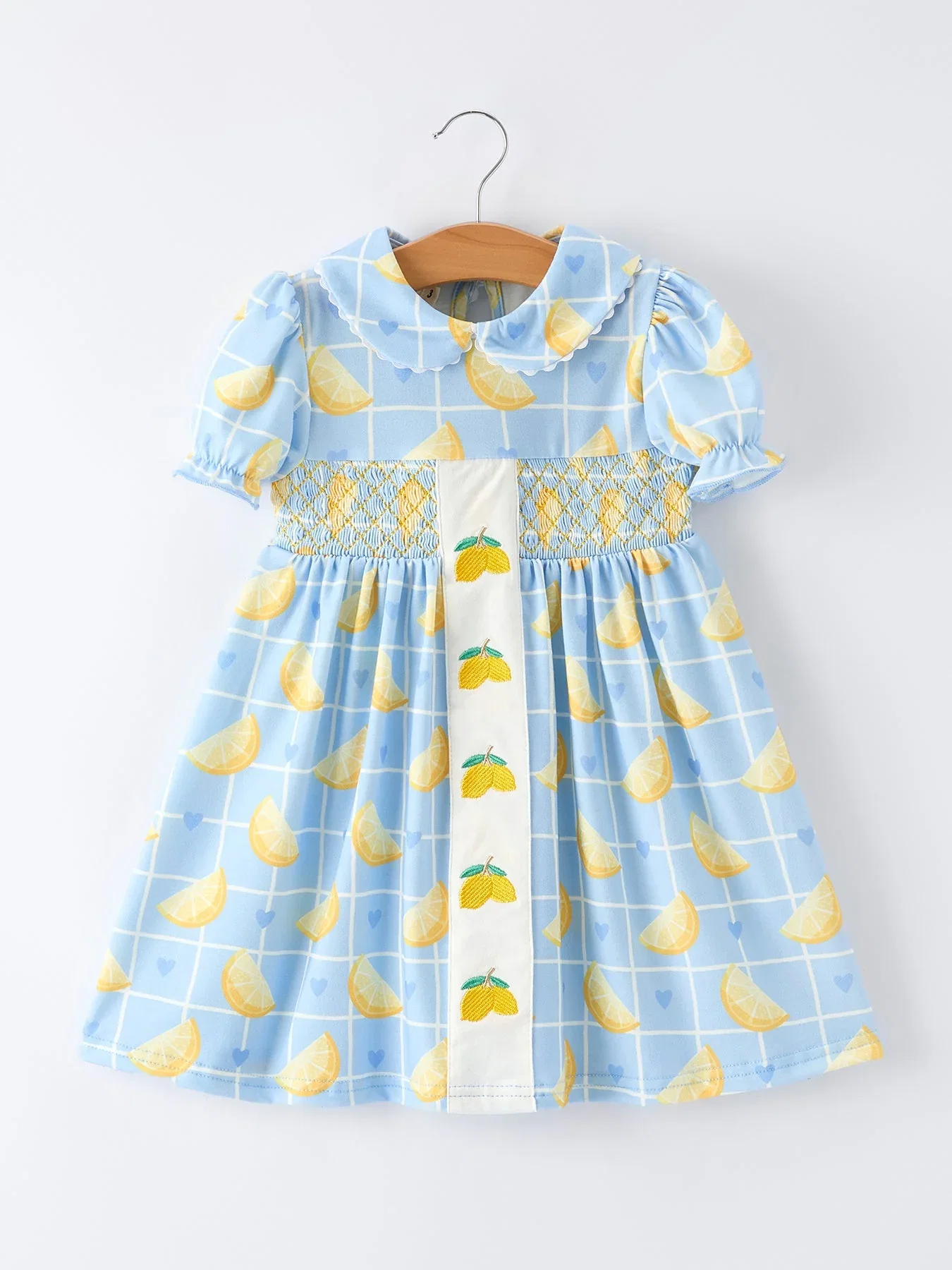 Image of Summer Lemon Print Girls Puff Sleeve Dress